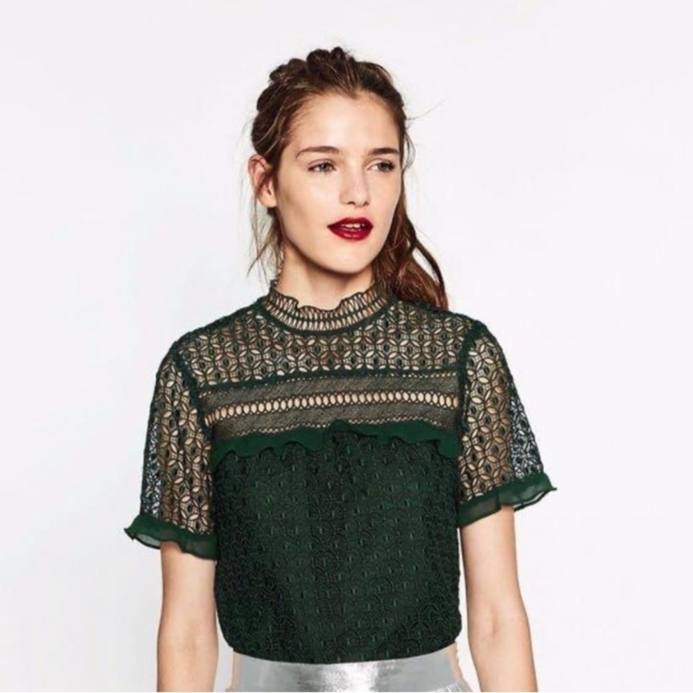 ZARA emerald green lace mock neck short sleeve top